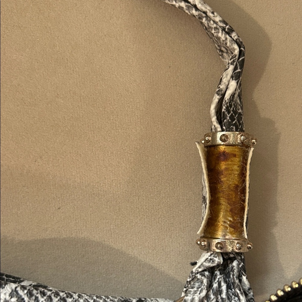 Snake-Print Tote Bag in Black and White with Tassel Detail - Picture 7 of 9